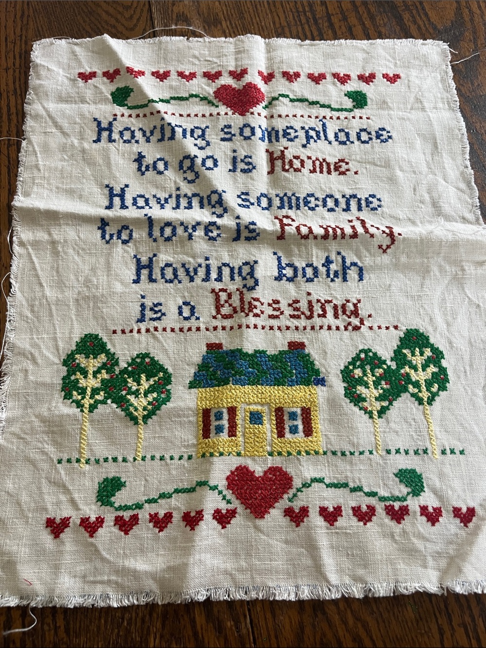 VintageEmbroidered Home & Family Sentiment Wall Hanging - Red, Blue, Green, Yell